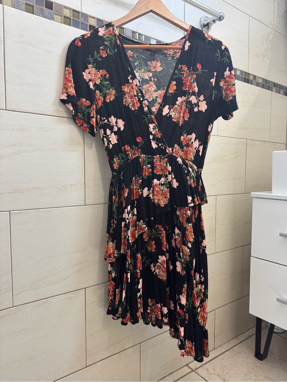 Valia Black Floral Asymmetrical Wrap Dress